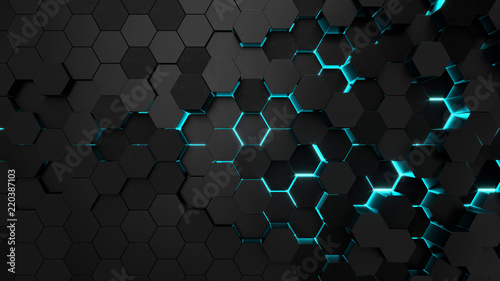 Technological hexagonal background with blue neon illumination