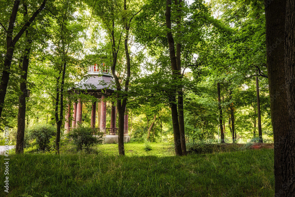 Old Chinese gazebo in a Public Park of Wilanow Garden