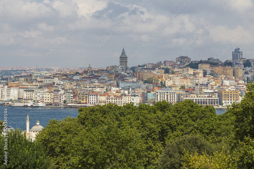 View to Galata tower district from Topkapi palace in Istanbul, Turkey.
