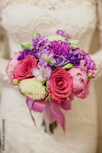  A beautiful bouquet of lilac  pink  blue and yellow flowers. Bright bouquet
