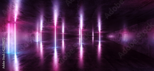 Wallpaper Mural Futuristic Sci Fi Dark Empty Room With Blue And Purple Neon Glowing Line Tubes On Grunge Concrete Floor With Reflections 3D Rendering Torontodigital.ca