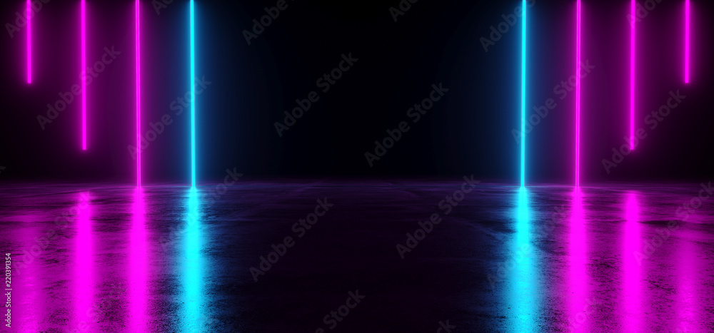 Futuristic Sci Fi Dark Empty Room With Blue And Purple Neon Glowing Line Tubes On Grunge Concrete Floor With Reflections 3D Rendering Futuristic Sci Fi Dark Empty Room With Blue And Purple Neon Glowing Line Tubes On Grunge Concrete Floor With Reflections 3D Rendering