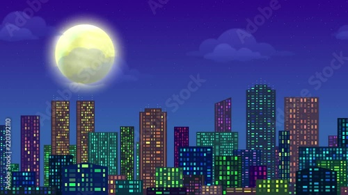 Fullhd 1920x1080 Progressive Seamlessly Looping Video of Night City Megalopolis, Urban Landscape with Skyscrapers Under Starry Sky with Slow-moving Clouds and Great Bright Moon. Animated Background