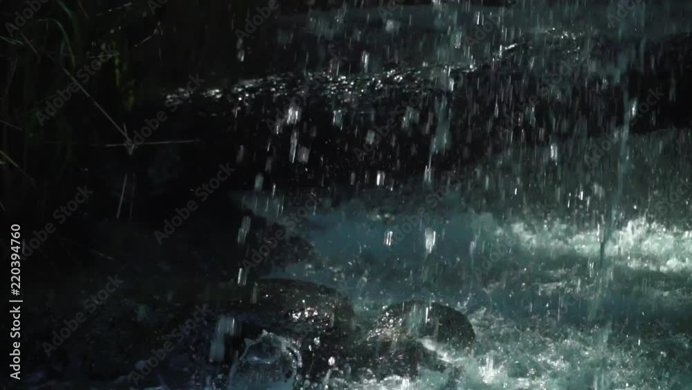 Close up pan of jungle waterfall in slow motion splashing over a log into a river Close up pan of jungle waterfall in slow motion splashing over a log into a river