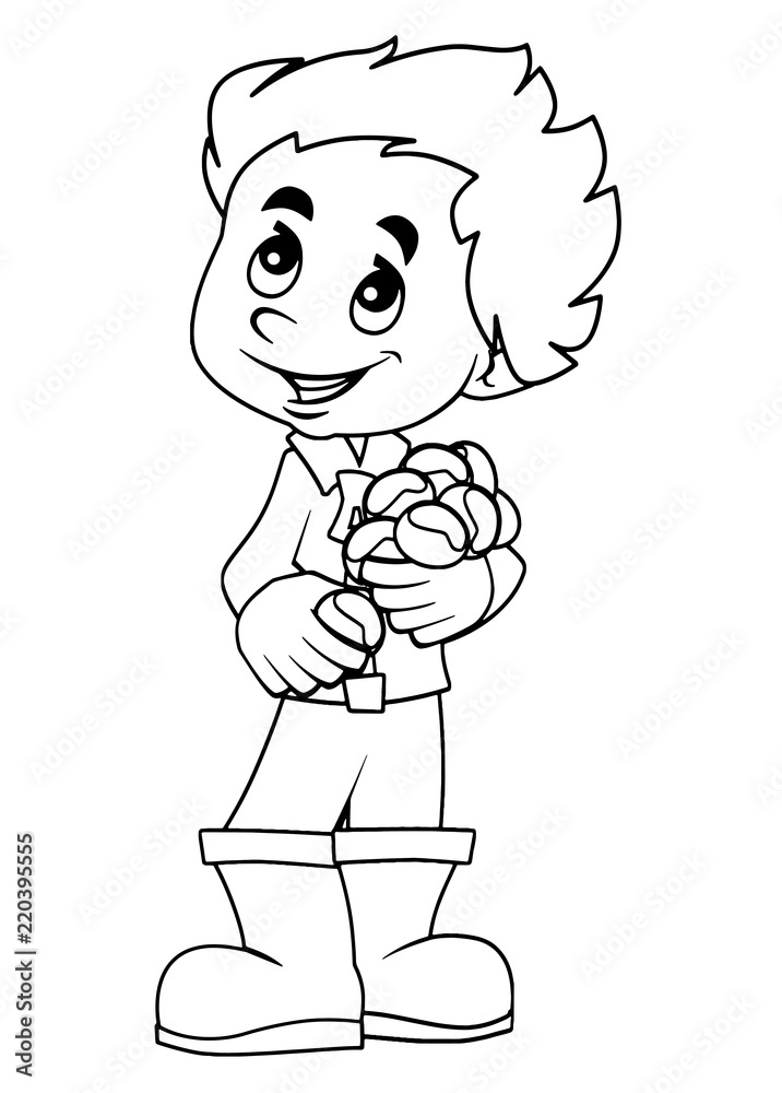 Fototapeta premium cartoon scene with child gathering chestnuts - vector coloring page - illustration for children