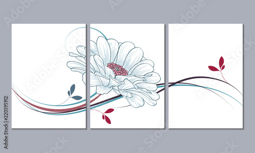 set of 3 canvases for wall decoration in the living room, office, bedroom, kitchen, office. Home decor of the walls. Floral background with flowers of zinnia. Element for design.