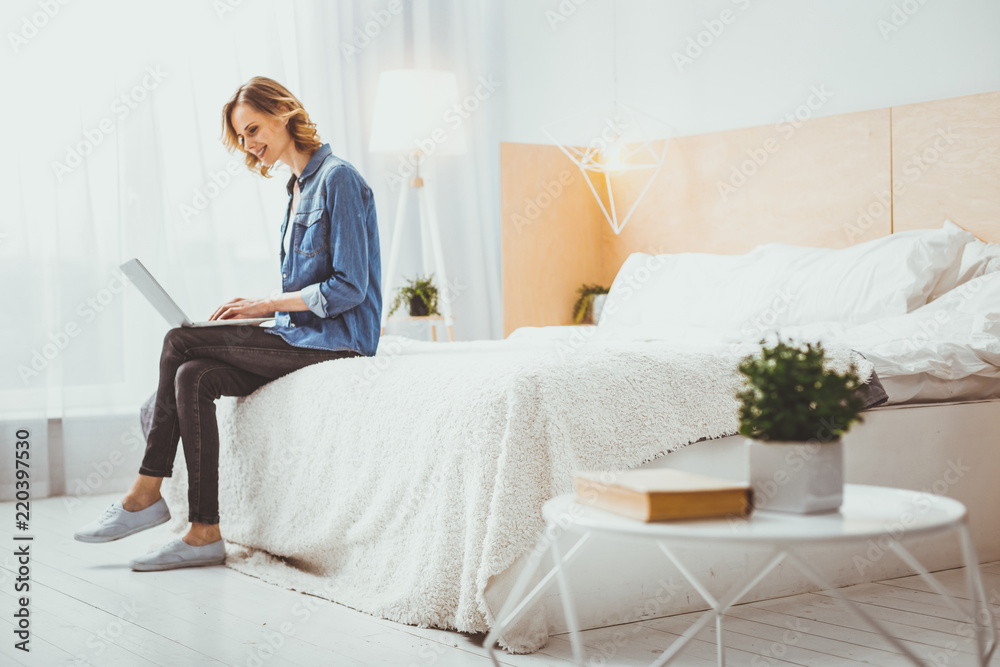 Try to concentrate. Calmed lady thinking about her project and typing article Try to concentrate. Calmed lady thinking about her project and typing article