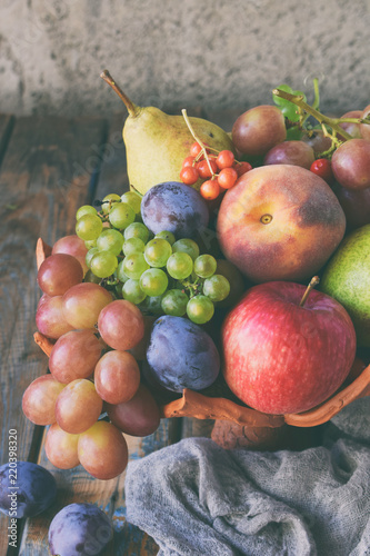 Autumn still life for thanksgiving with autumn fruits and berries on wooden background - grapes, apples, plums, viburnum, dogwood. Raw food. Copy space