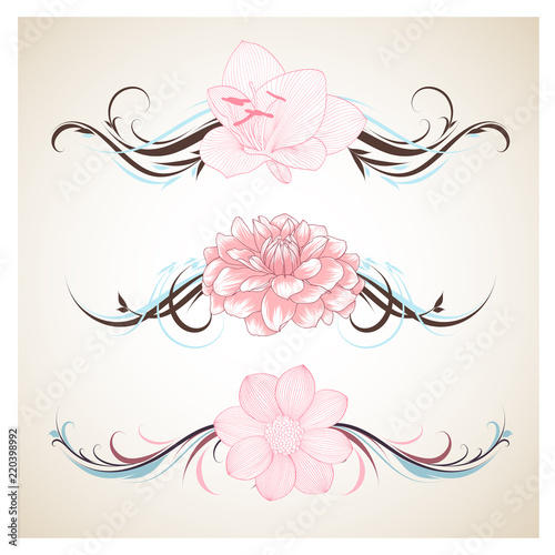 Fototapeta Naklejka Na Ścianę i Meble -  A set of beautiful floral curls with flowers dahlia, amaryllis for frames, wedding cards, celebrations, invitations, congratulations. Elegant floral frames in vintage style.