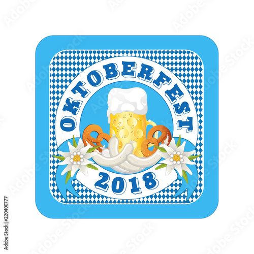 Oktoberfest Bierdeckel, Oktoberfest Karte mit Bier, Brezel, Weißwurst und Edelweiß,
Grüße vom Oktoberfest, Bierdeckel mit Bayrische Fahne,
Vektor Illustration isoliert auf weißem Hintergrund
 