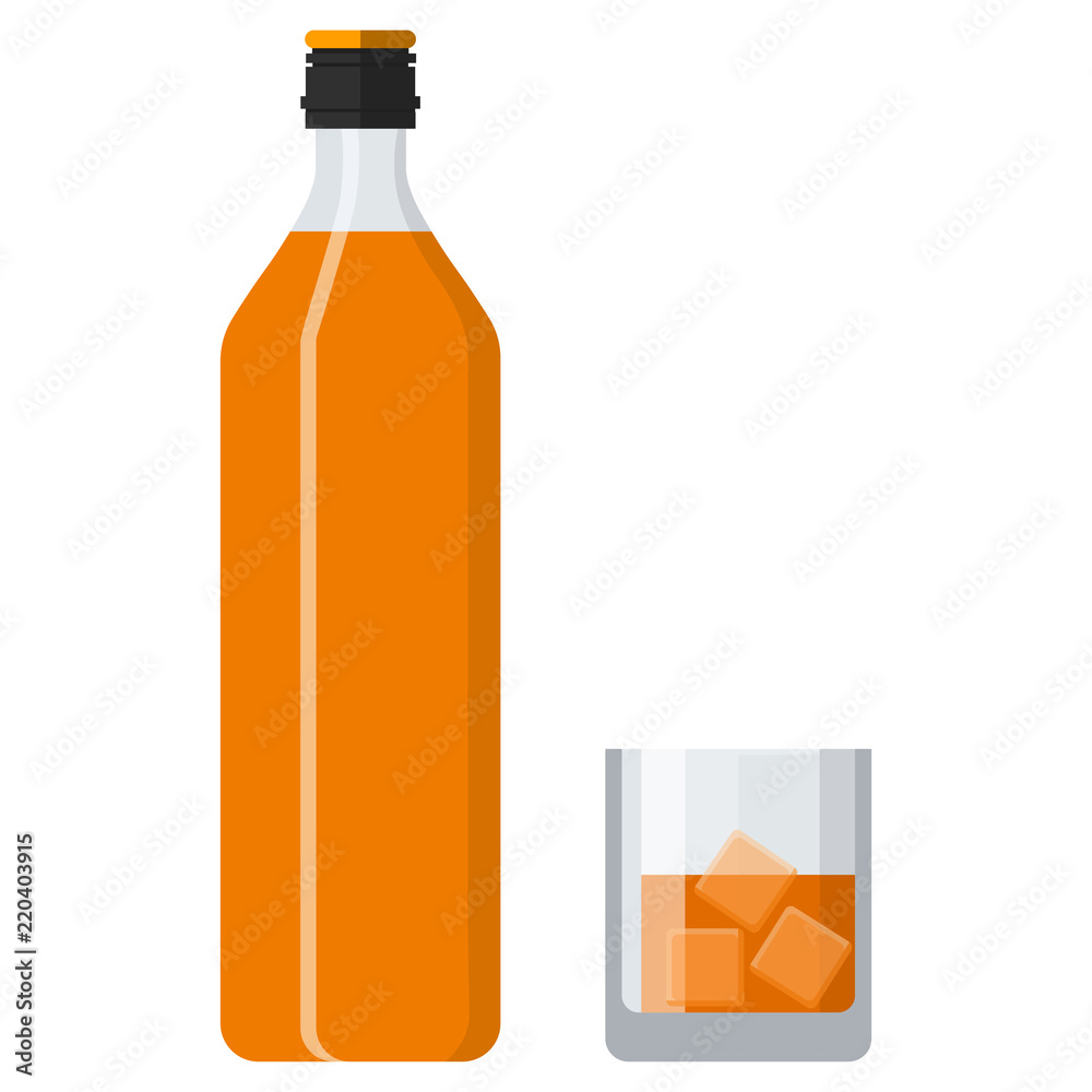 Bottle of bourbon whiskey and glass with ice. Whiskey alcohol drink. Vector illustration in flat style Bottle of bourbon whiskey and glass with ice. Whiskey alcohol drink. Vector illustration in flat style