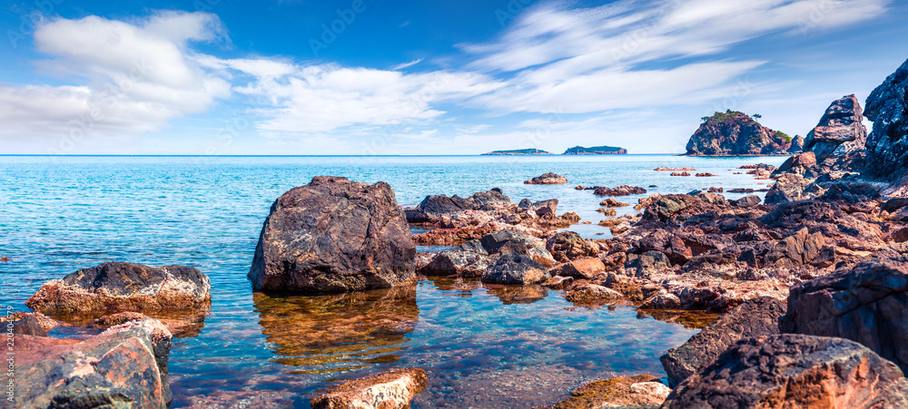 Obraz premium Picturesque Mediterranean seascape in Turkey. Panorama of a small azure bay near the Tekirova village, District of Kemer, Antalya Province.