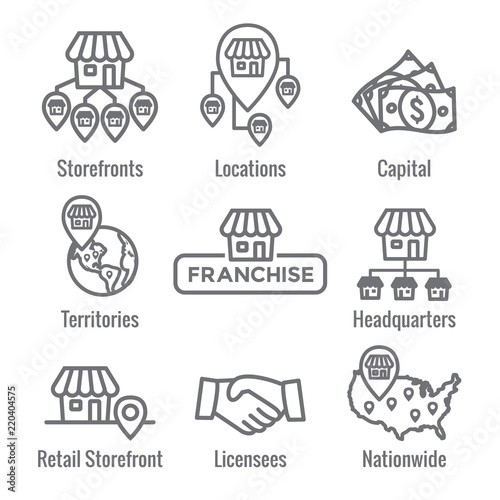Franchise Icon Set with Home Office, corporate Headquarters and Franchisee Icon Images