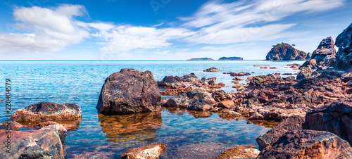 Fototapeta Naklejka Na Ścianę i Meble -  Picturesque Mediterranean seascape in Turkey. Panorama of a small azure bay near the Tekirova village, District of Kemer, Antalya Province.