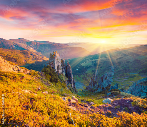 Colorful summer sunrise in the Carpathians