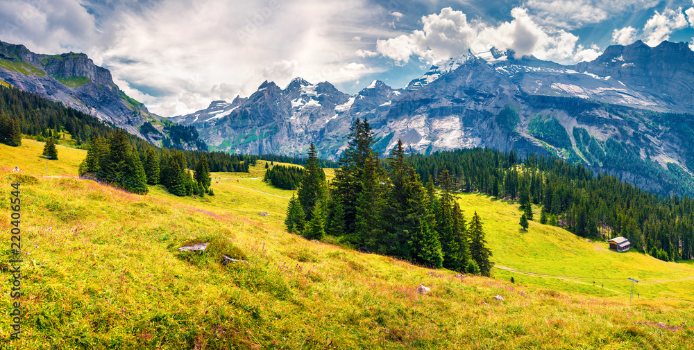 Sunny summer panorama of the mountain valley from the Oeschinen Lake