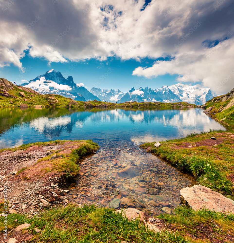 Colorful summer view of the Lac Blanc lake with Mont Blanc (Monte Bianco) on background