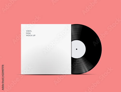 LP Record Vinyl Disc Cover with Vinyl disc inside. Realistic vector mockup. Vector Illustration. photo