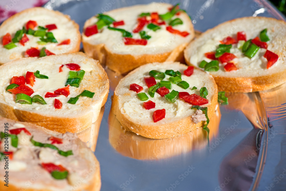 Variety of mini sandwiches with cheese cream, vegetables  roasted cherry tomatoes, olives, cucumber, spring onions, paprika, basil and other herbs. Fresh appetizer canape at the picnic outdoors