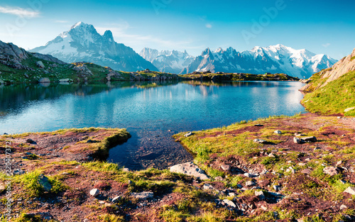 Colorful summer view of the Lac Blanc lake with Mont Blanc  Monte Bianco  on background  Chamonix location