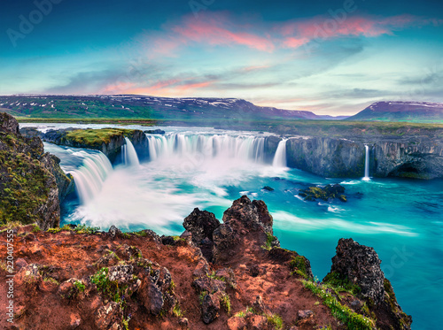 Picturesque summer morning scene on the Godafoss Waterfall.