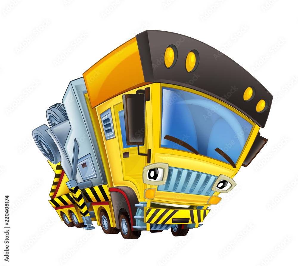 Naklejka premium cartoon scene with tow truck looking and smiling on white background - illustration for children