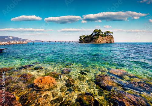 Sunny spring view of the Cameo Island. Picturesque morning scene in the Port Sostis, Zakynthos (Zante) island, Greece, Europe. Beauty of nature concept background.