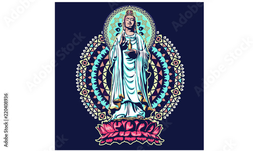 image of statue of the goddess guanine bodhisattva  the goddess of mercy vector illustration chinese guanyin flat style design