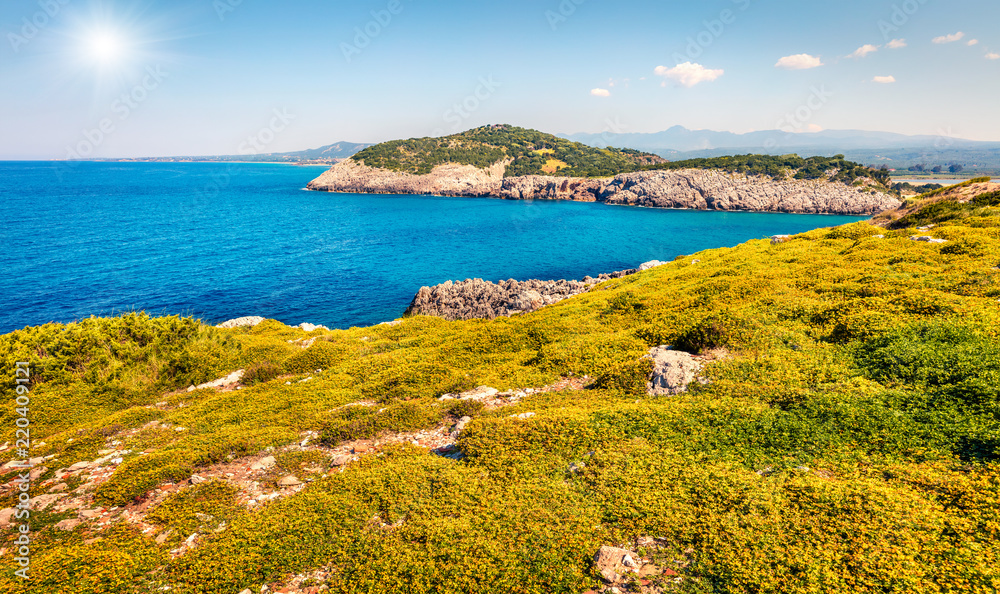 Colorful spring view of Voidokilia beach. Bright morning scene of the Ionian Sea, Pilos town location, Greece, Europe. Beauty of nature concept background. Artistic style post processed photo.