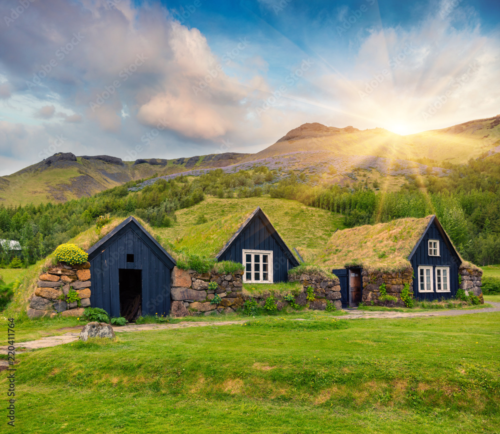 Tipical view of Icelandic turf-top  houses. Wonderful summer sunrise in the Skogar village, south Iceland, Europe. Beauty of countryside concept background.