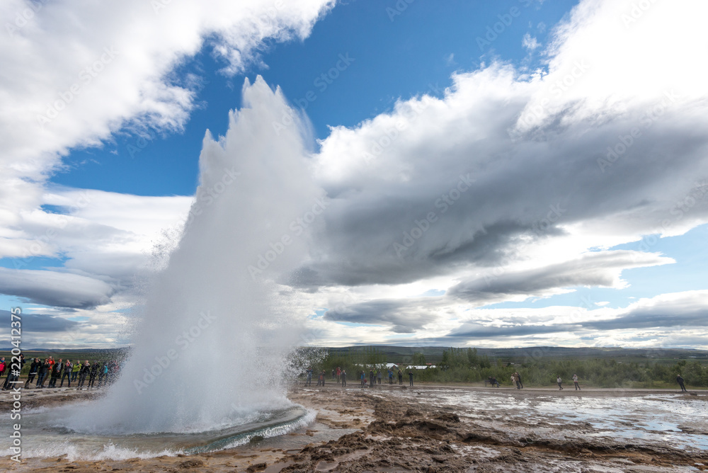 Strokkur, Iceland, active geyser, Golden Circle, alongside Gullfoss Waterfall and Þingvellir National Park, eruption Strokkur, Iceland, active geyser, Golden Circle, alongside Gullfoss Waterfall and Þingvellir National Park, eruption