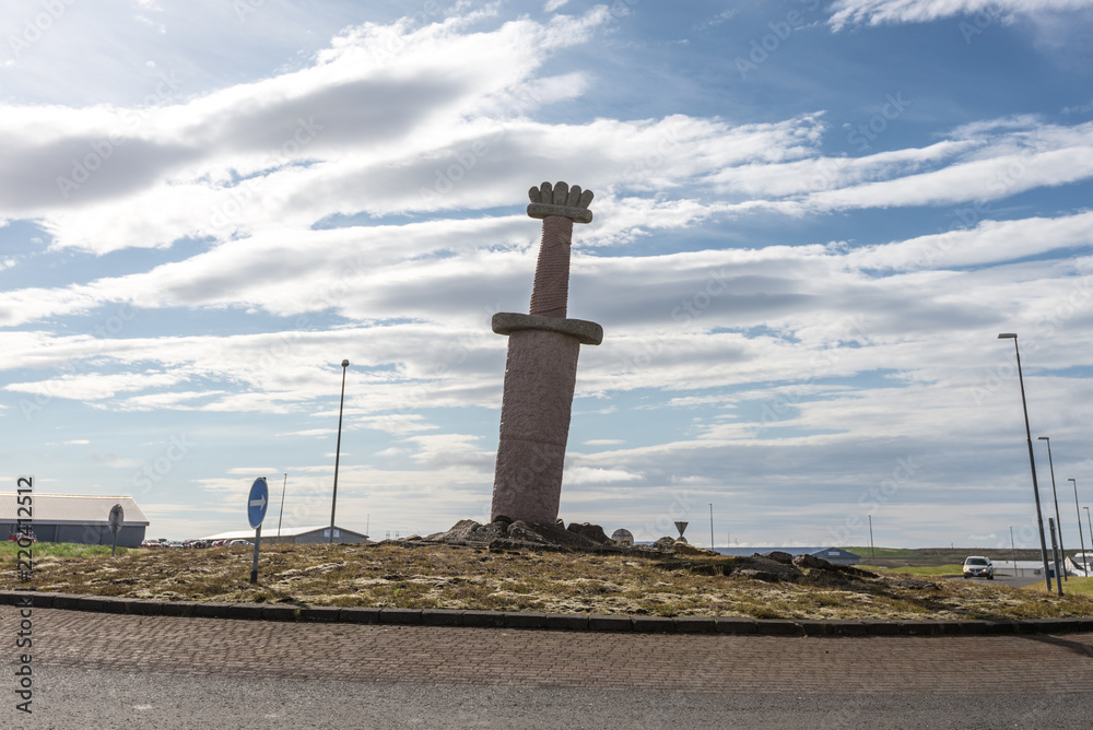 Roundabour Iceland near Reykjavik with a huge viking sword made of stone in the center