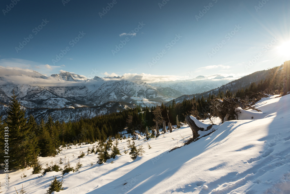 Fototapeta premium Totes Gebirge dead mountains in Austria, view from Kasberg at sunset