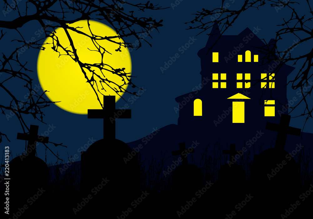 A haunted house on a hill above a graveyard with tombstones, horror blue sky and yellow full moon and dead branches of a tree - for Halloween Party Invitation