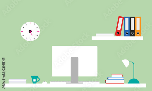 Flat design office illustration with white desk, computer with monitor, lamp and tea pot, shelf with files and books. Green wall with clock.