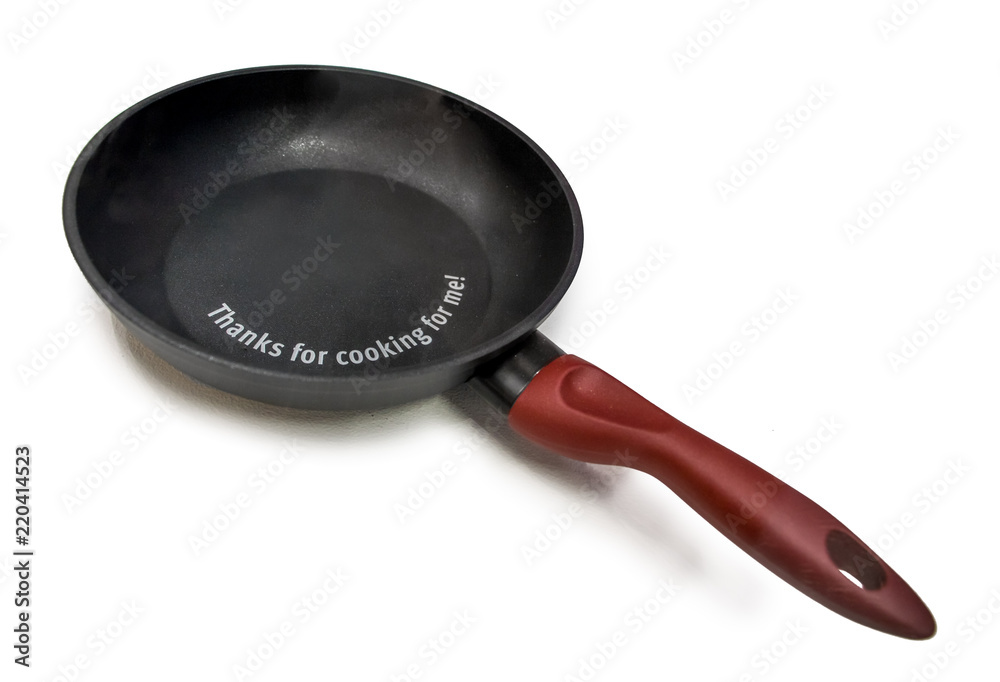 Frying pan, isolated on white background. Retro kitchen utensils, with inscription Thanks for cooking for me. Frying pan, isolated on white background. Retro kitchen utensils, with inscription Thanks for cooking for me.
