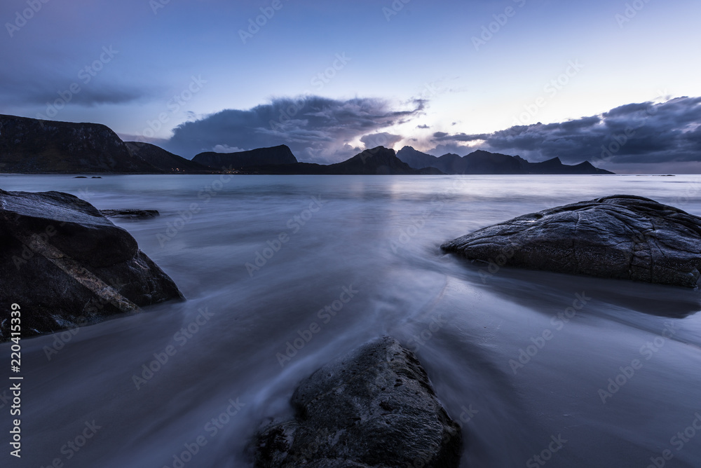 norwegian haukland beach, long time exposure, sunset, white sand beach, norway, europe, lofots, lofoten