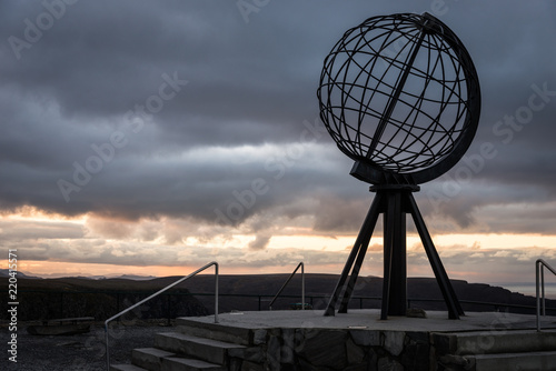 norwegian north cape monument, without tourists making pictures, norway, europe, sunset