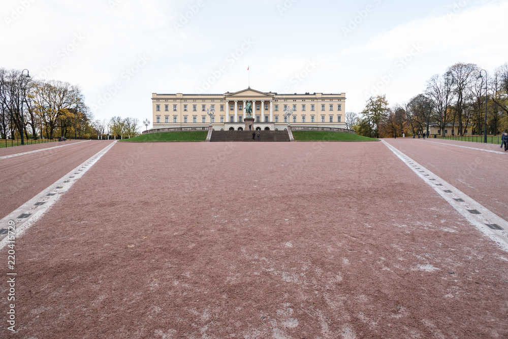 Oslo royal palace, view from parkway alley boulevard avenue with people walking around and with autumn leaves, norway, europe