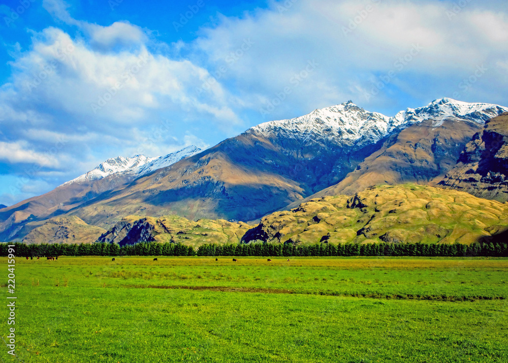 Image of snow-capped mountains in the Mt Aspiring National Park in New Zealand, showing tall mountains and surrounding hills on a sunny winter's day, with green fields in the foreground