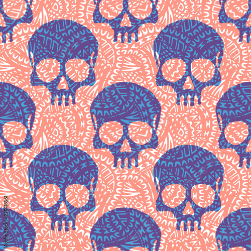 Seamless pattern with hand drawn skulls. Vector Illustration