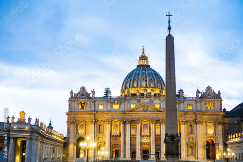 Saint Peter basilica and Egyptian obelisk in Rome during the blue hour