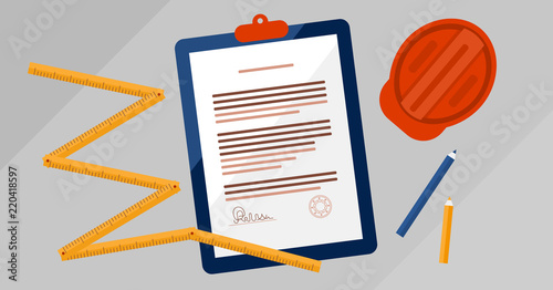 Contractors license agreement signed and stamped document vector illustration. Real estate construction business legal documentation. Top view concept with paper.