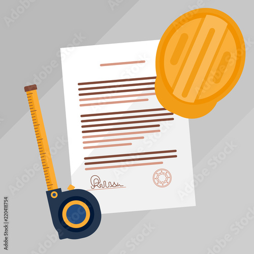 Contractors license agreement signed and stamped document vector illustration. Real estate construction business legal documentation. Top view concept with paper.