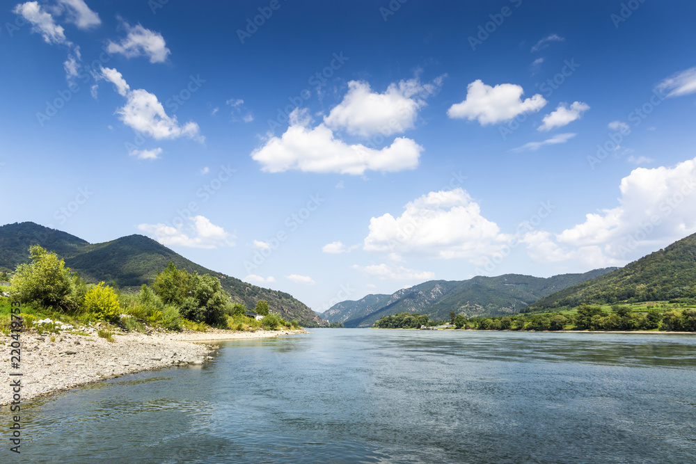 The bank of the Danube River and blue sky. Wachau valley. Austria. The bank of the Danube River and blue sky. Wachau valley. Austria.