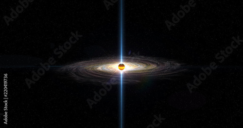 A black hole in space with gamma ray beams, ionised gas matter disk and gravity distortion in spacetime. As illustration or background. 3D rendering. photo