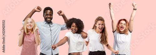 Collage of winning success happy men and women celebrating being a winner. Dynamic image of caucasian male and female models on pink studio background. Victory, delight concept. Human facial emotions