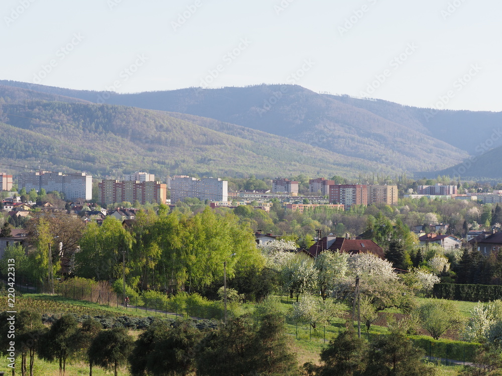Housing estate at european Bielsko-Biala city and countryside landscape with slope of Beskids Mountains in POLAND