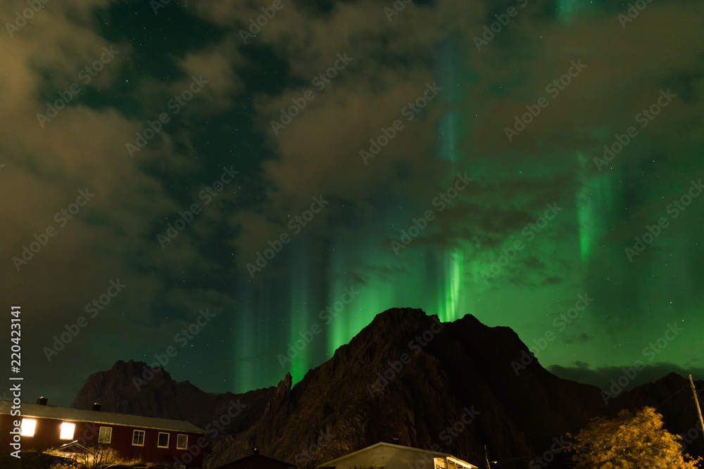 norwegian aurora borealis with mountains, view from svolvaer, norway, europe, green northern lights, lofots, lofoten