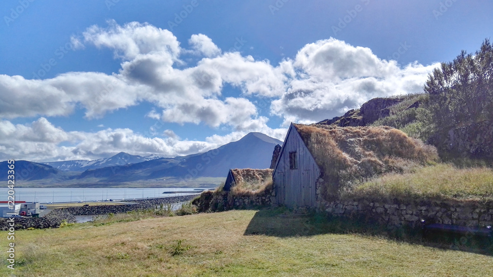 grass sod roof buildings and house in iceland, typical houses in old iceland grass sod roof buildings and house in iceland, typical houses in old iceland